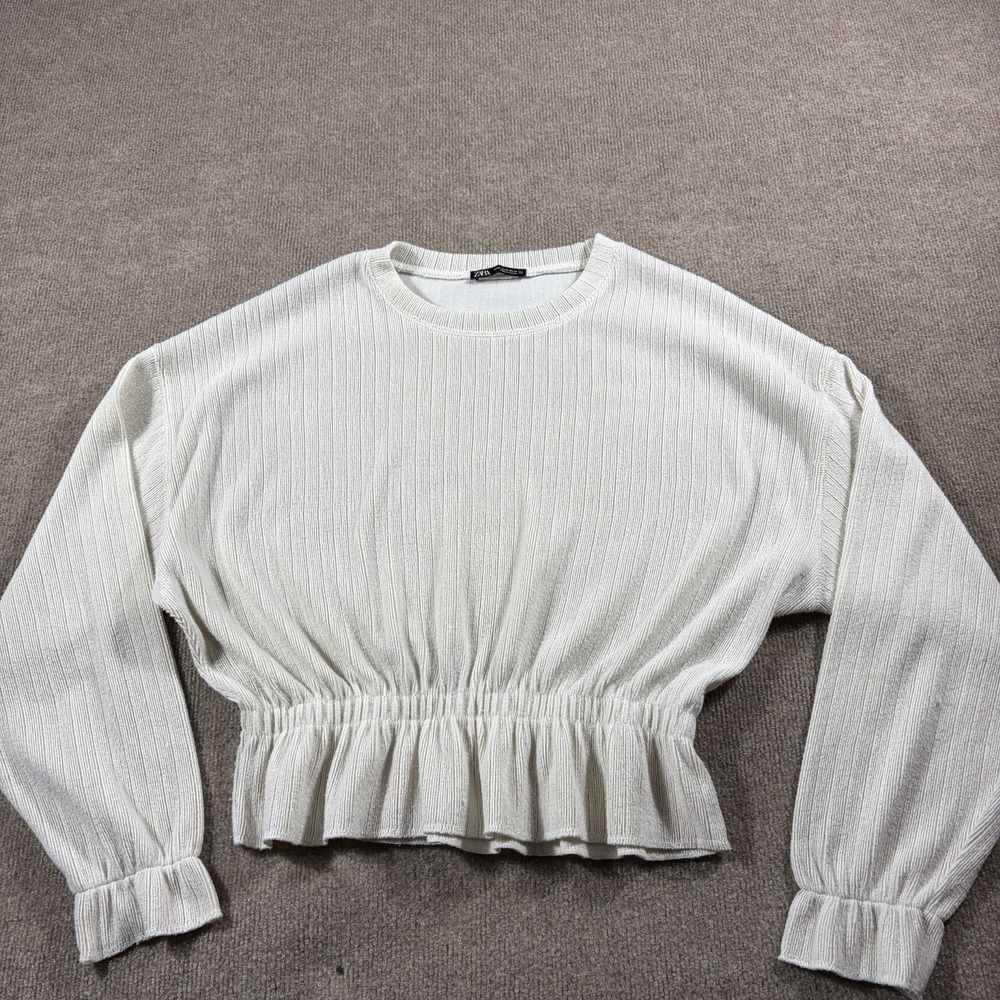 Zara Ribbed Knit Cropped Sweater White Cotton Crew Neck Lightweight Size M - Picture 2 of 6